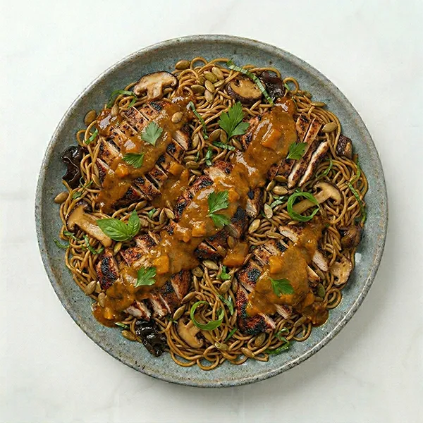 Chinese Five-Spice Roasted Chicken with Mixed mushroom noodles